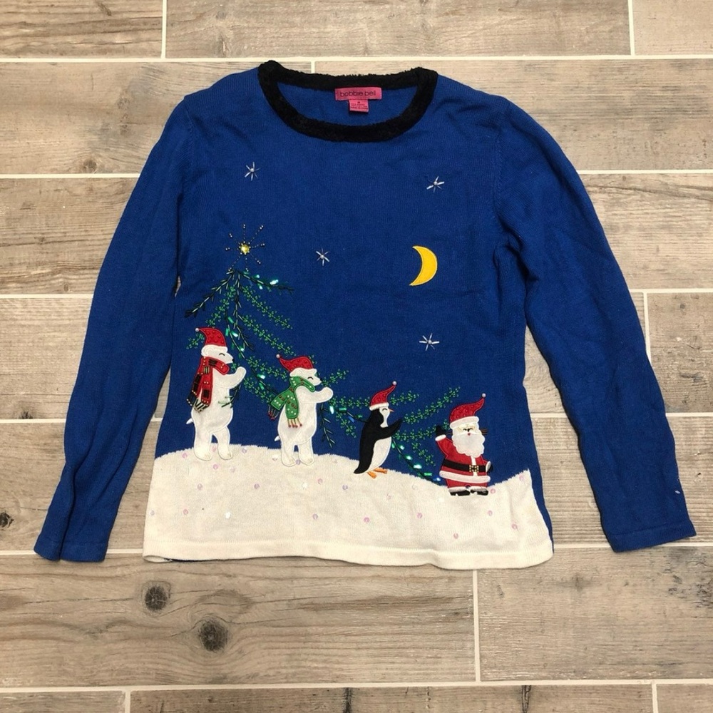 Blue Holiday Sweater with Festive Design